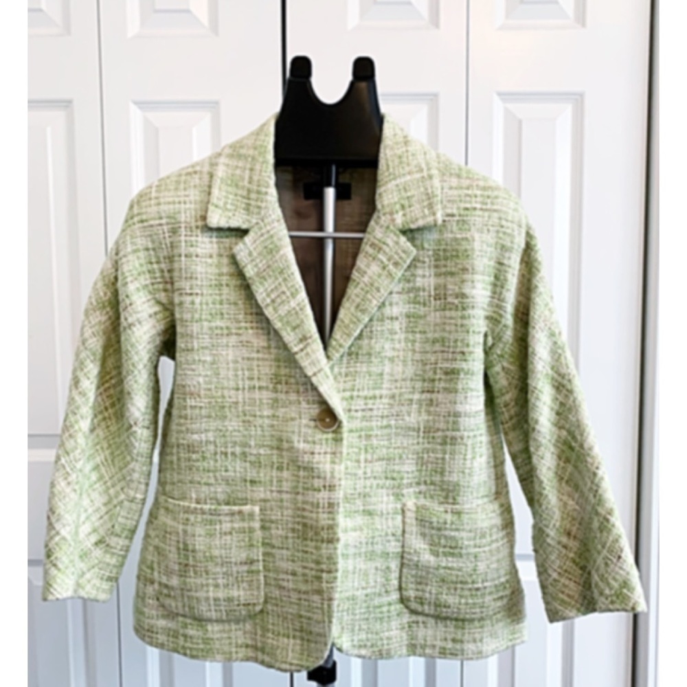 🍃 Talbots Green Tweed Jacket | Classic Bouclé Blazer | 3/4 Sleeves | Size 8
